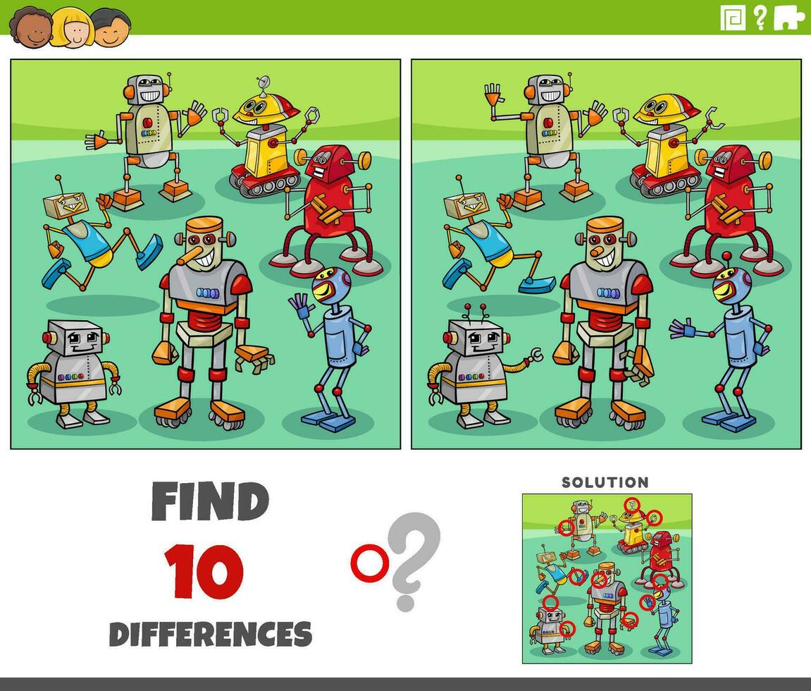 diferencias juego con dibujos animados robots caracteres vector