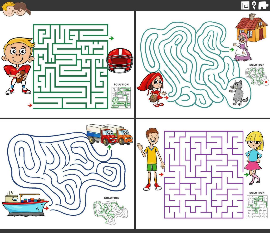 maze activity games set with cartoon characters vector