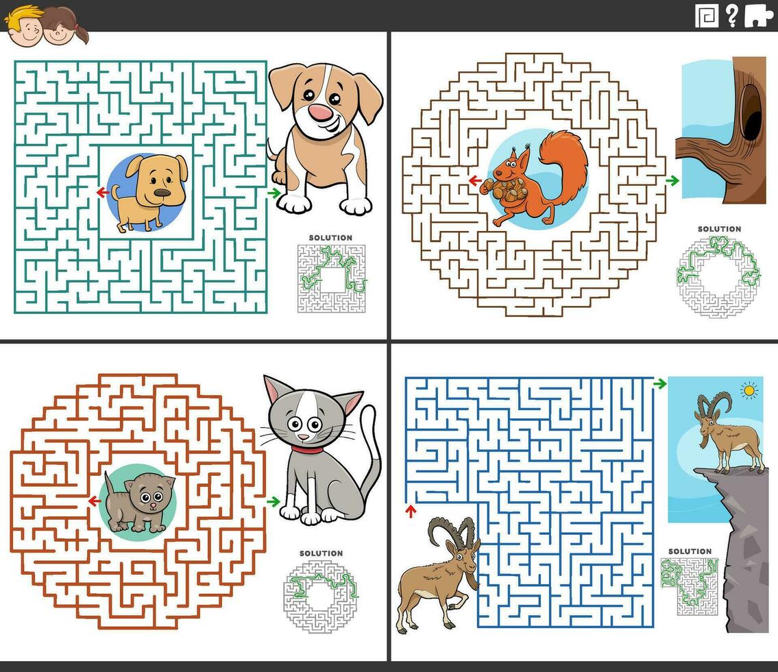 maze activities set with cartoon animal characters vector