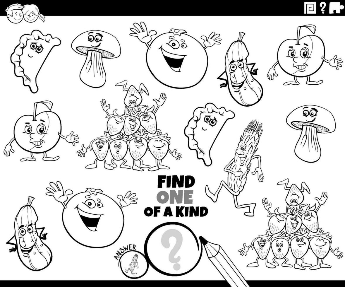 one of a kind game with cartoon food object characters coloring page vector