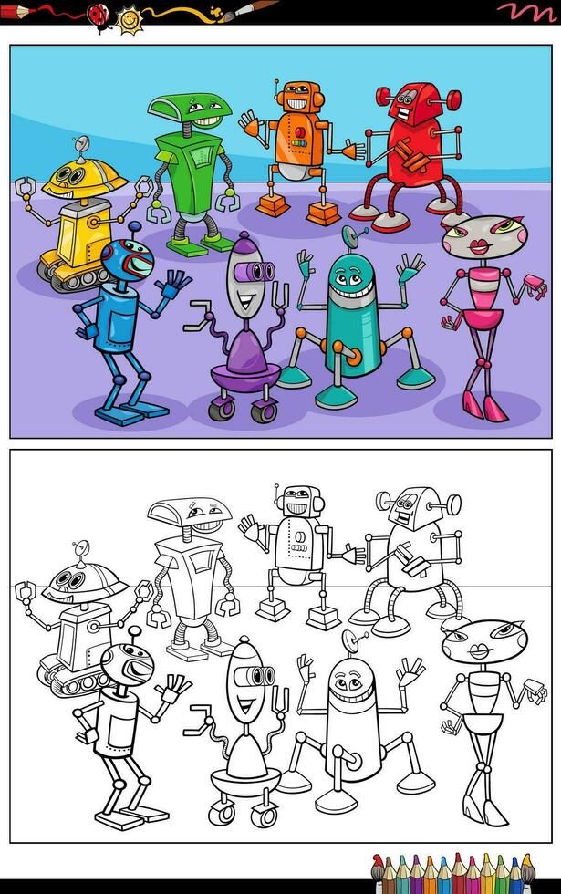 dibujos animados robots o droides caracteres grupo colorante página vector