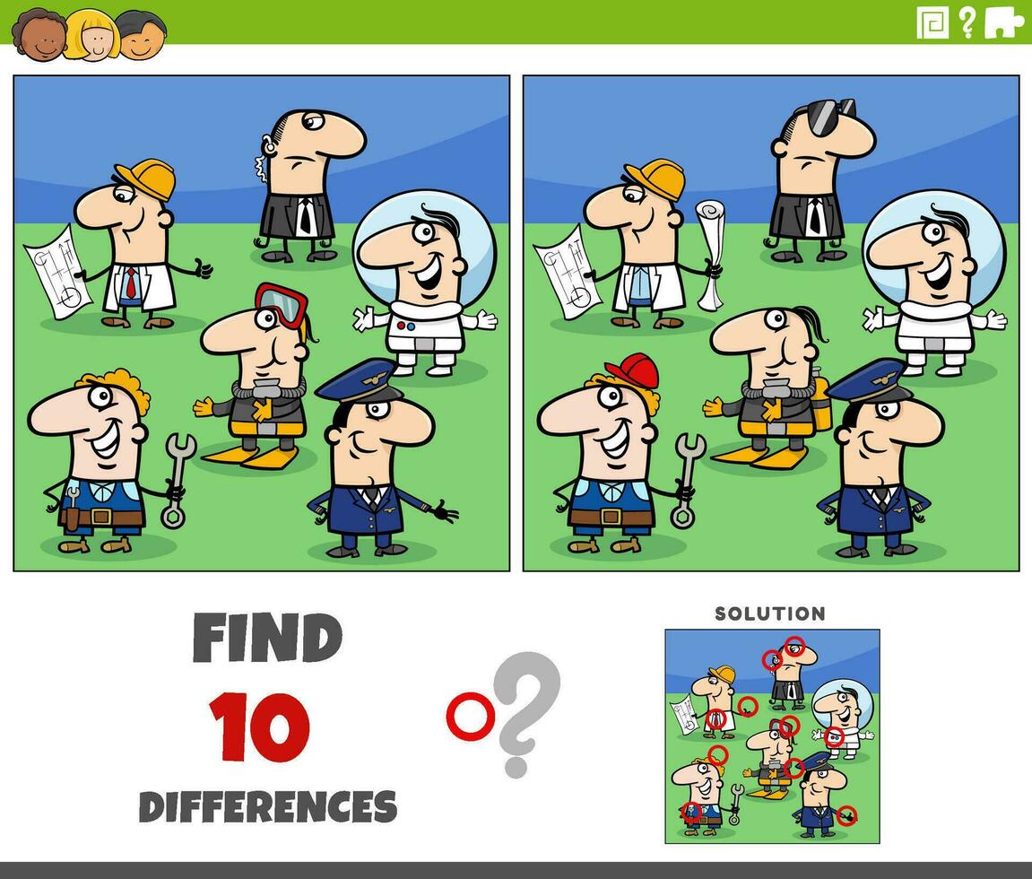 differences game with cartoon people of different professions vector