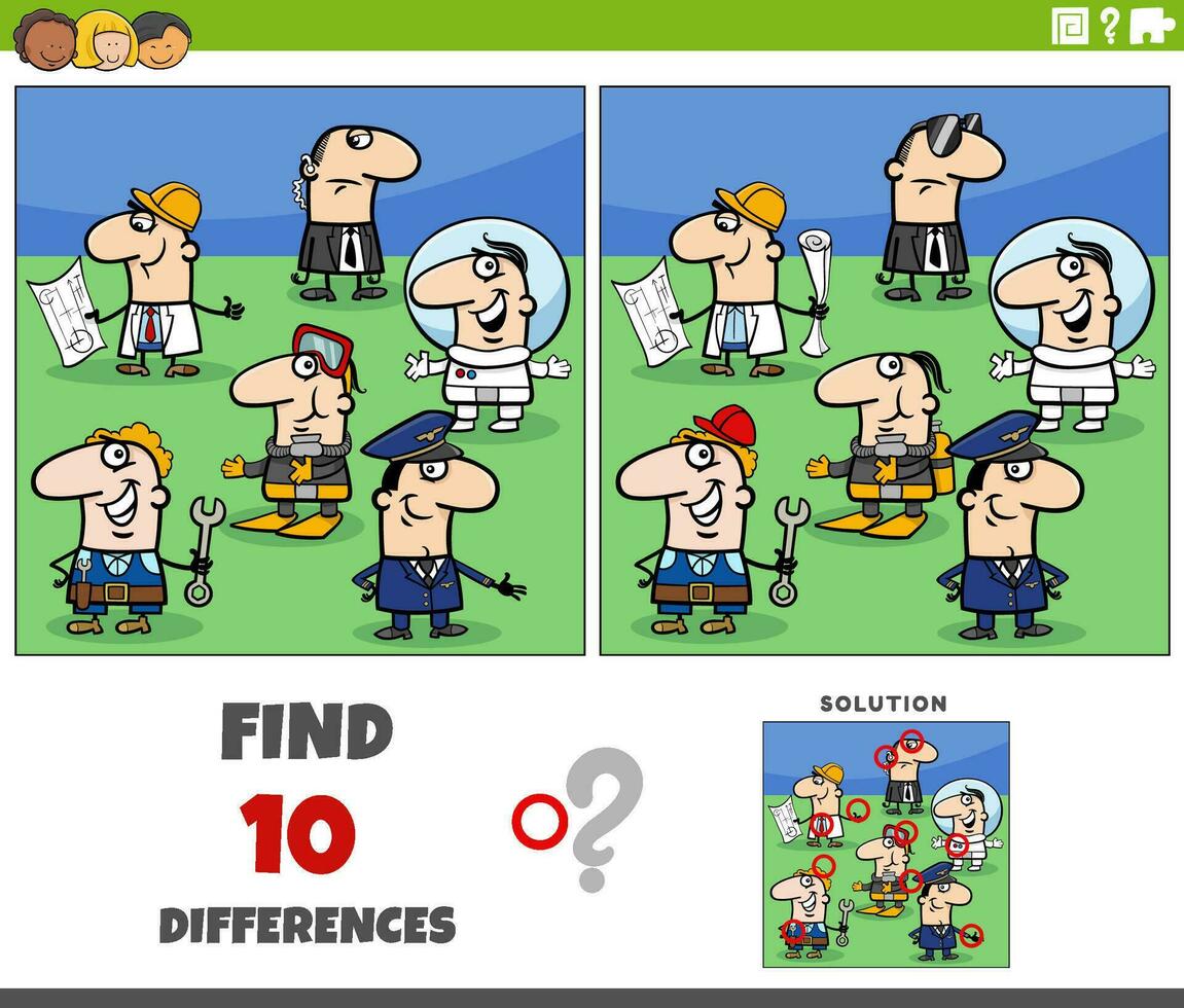 diferencias juego con dibujos animados personas de diferente profesiones vector