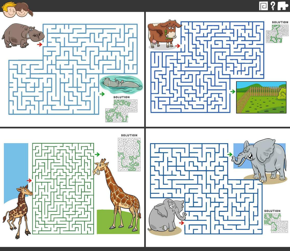 laberinto juegos ocupaciones conjunto con dibujos animados animal caracteres vector