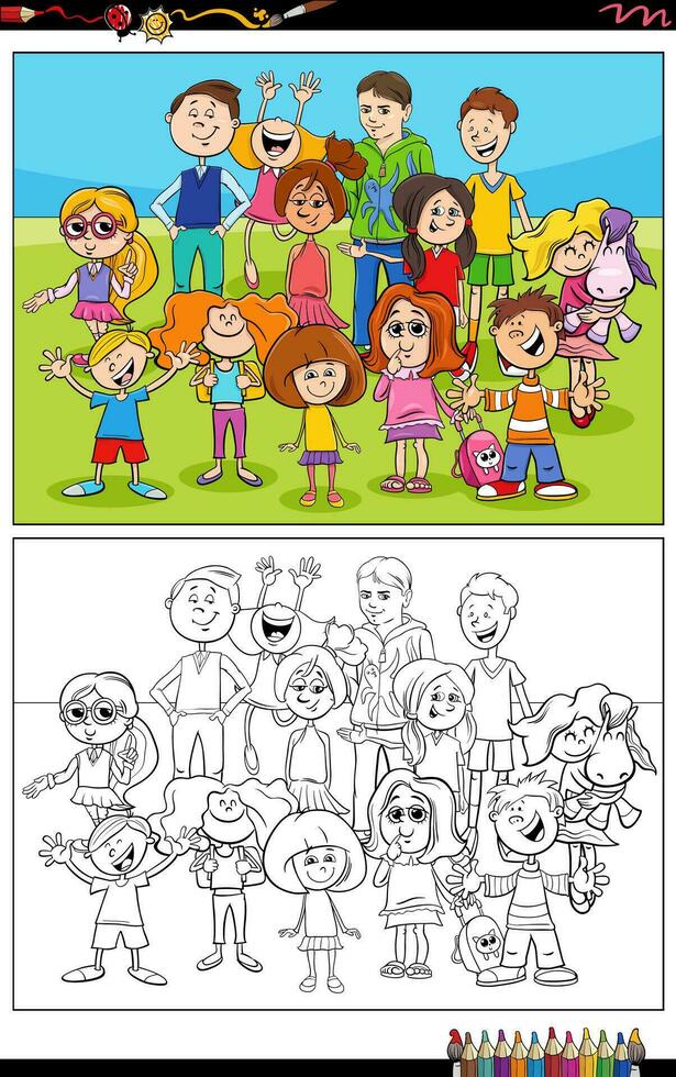 funny cartoon children and teens characters group coloring page vector