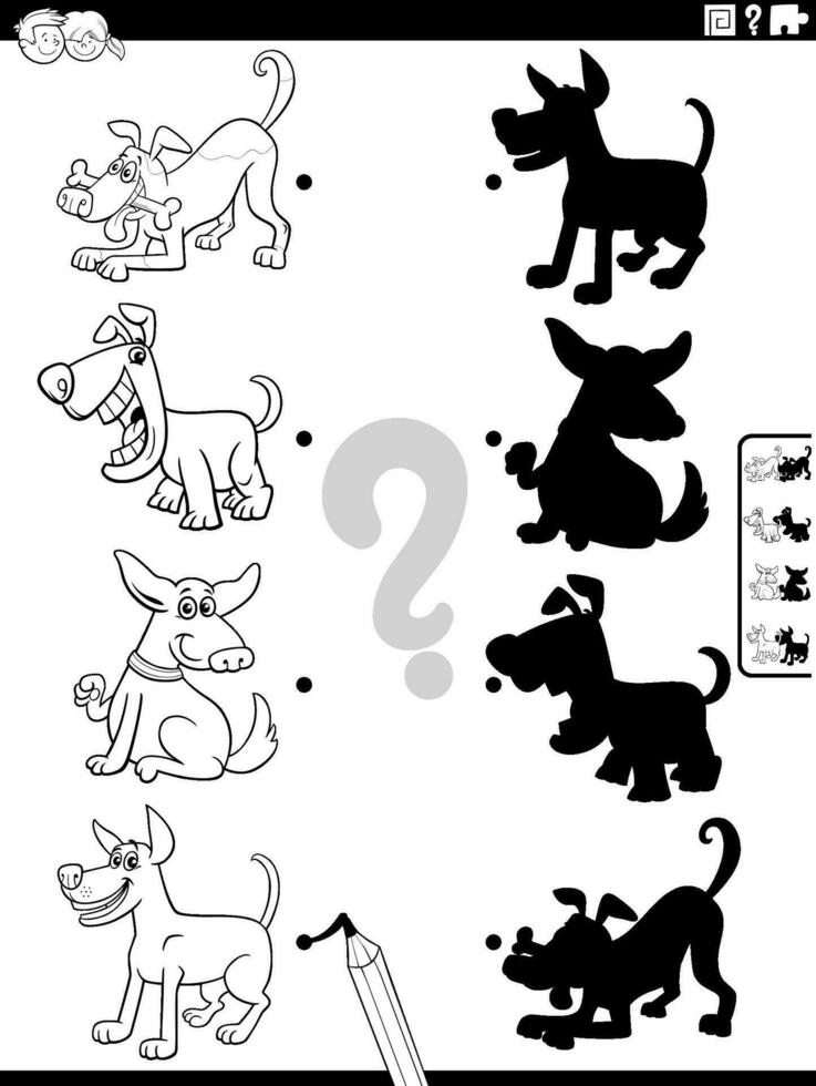 shadow activity with cartoon dog characters coloring page vector