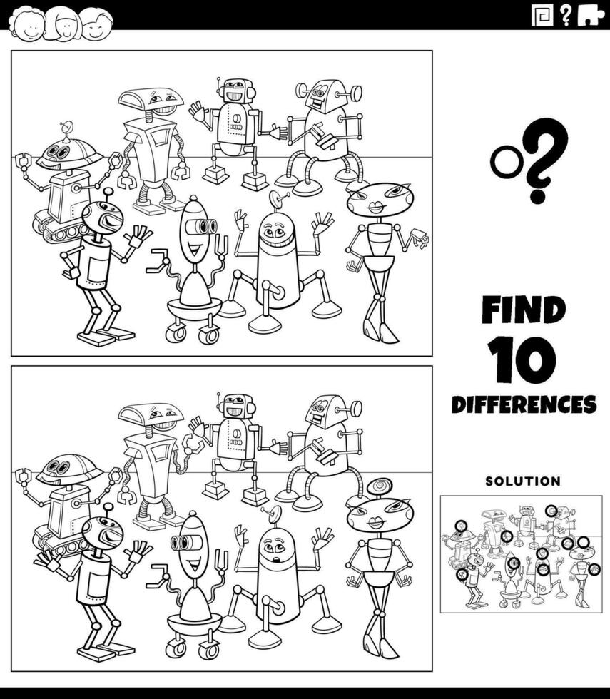 differences activity with cartoon robots coloring page vector