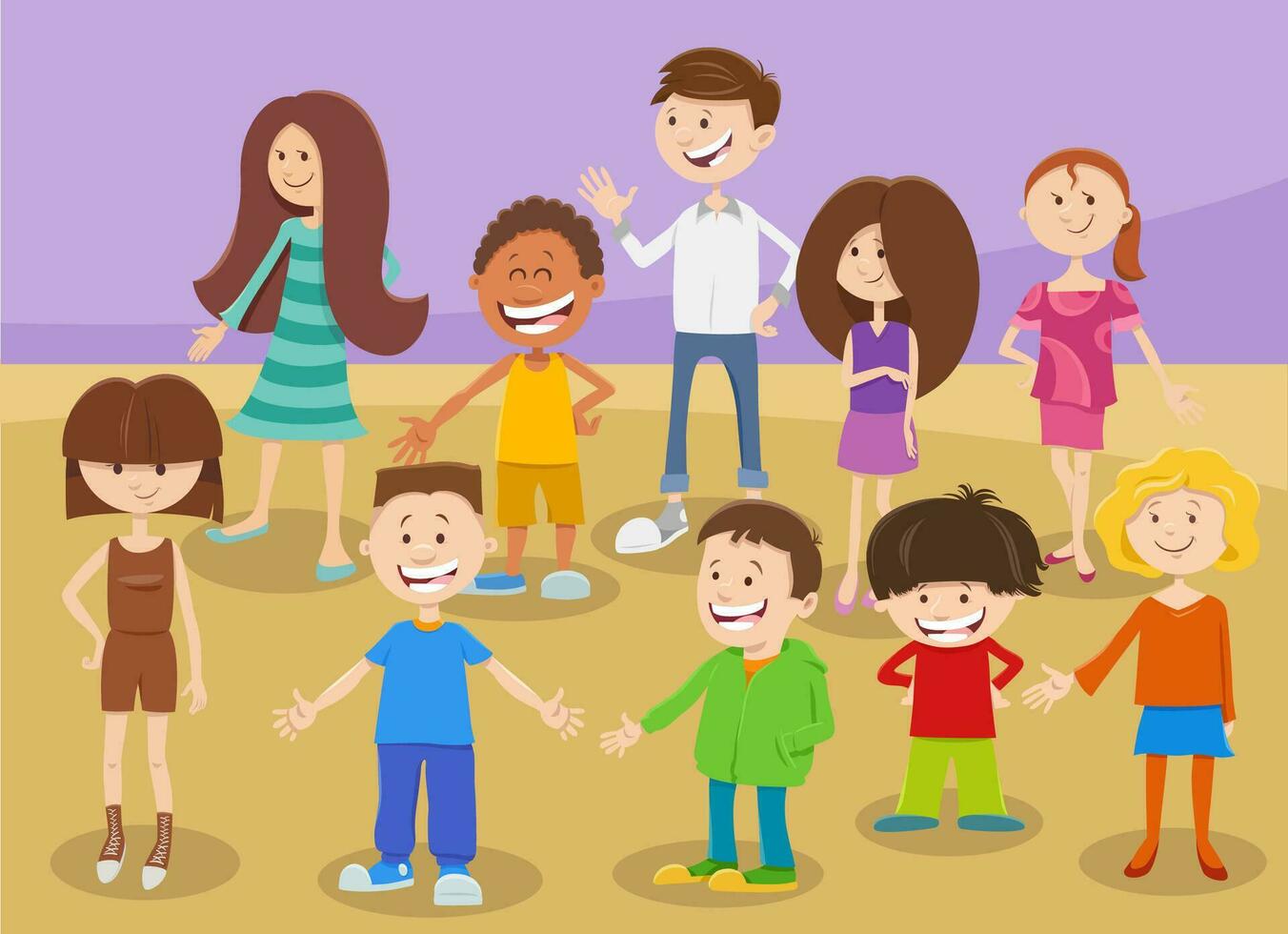 dibujos animados feliz grupo de personajes de niños o adolescentes vector