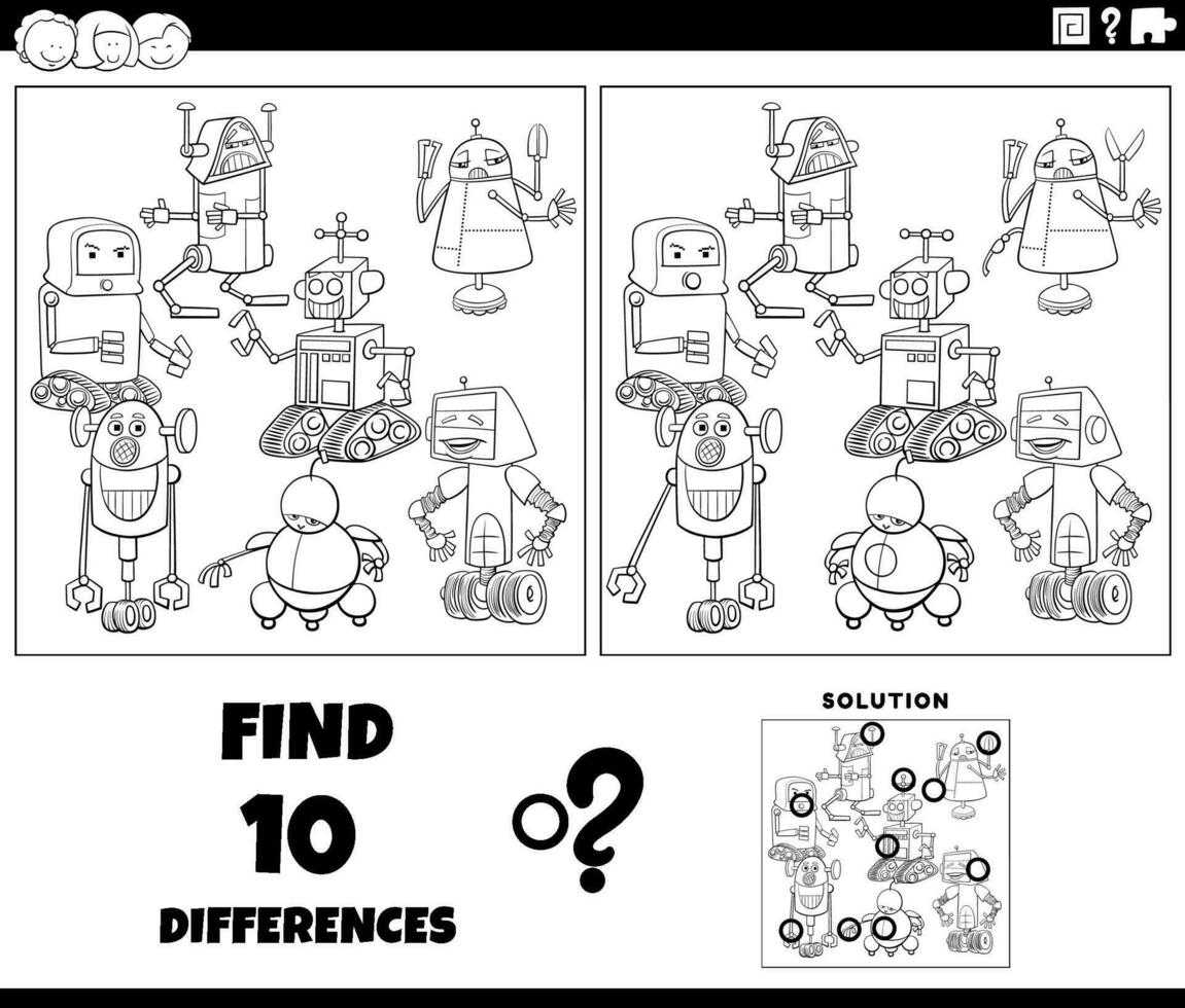 differences task with cartoon robots coloring page vector