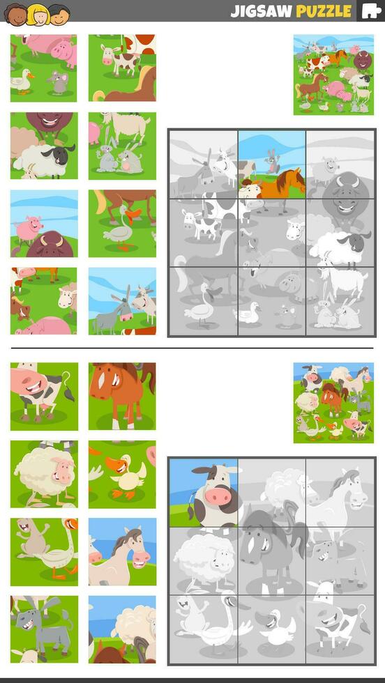 jigsaw puzzle games set with cartoon farm animal characters vector