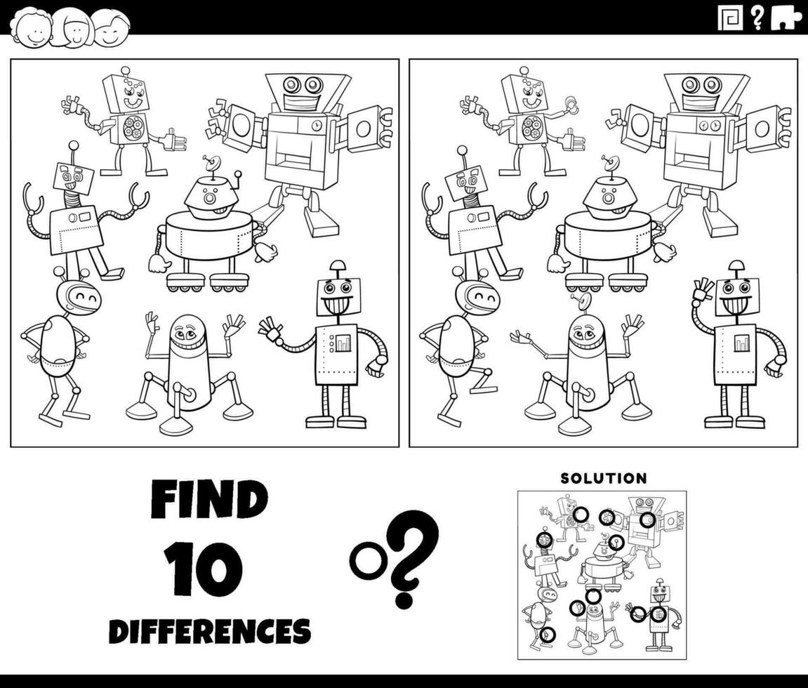 differences activity with cartoon robots coloring page vector