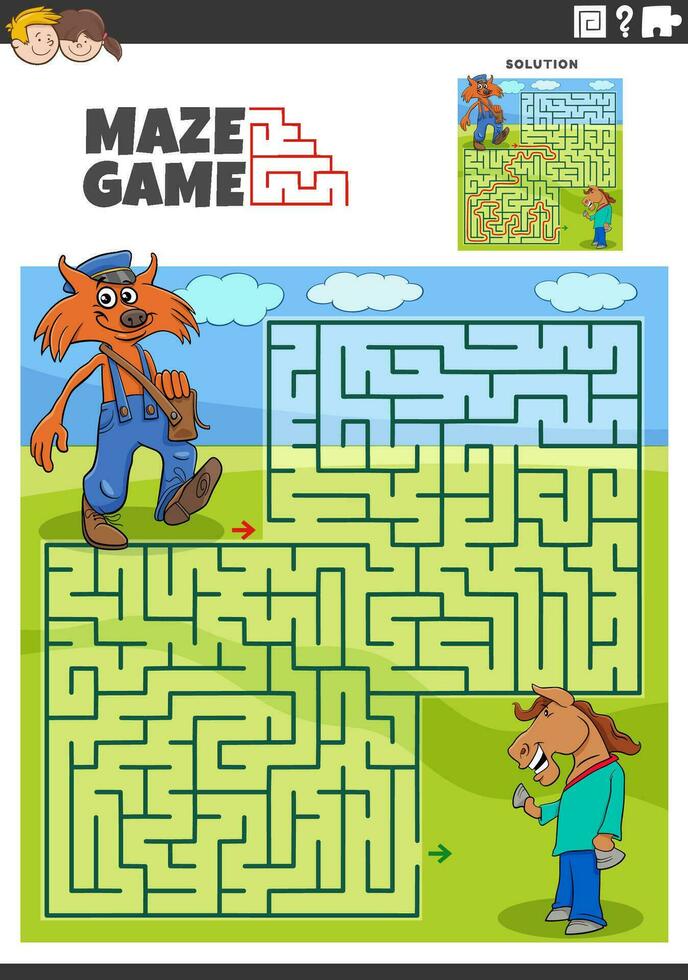 maze game activity with cartoon mailman fox and horse vector