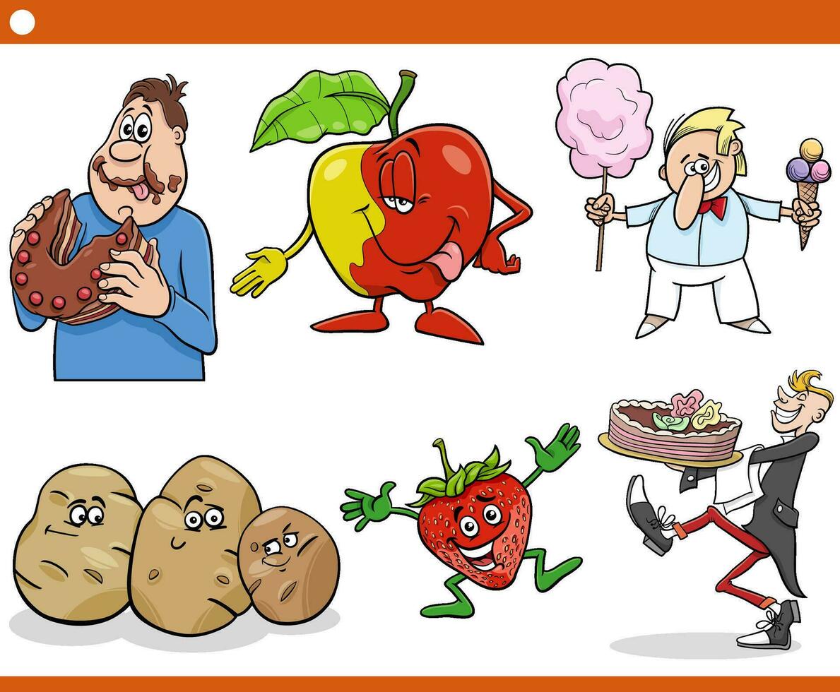 cartoon food objects and people characters set vector