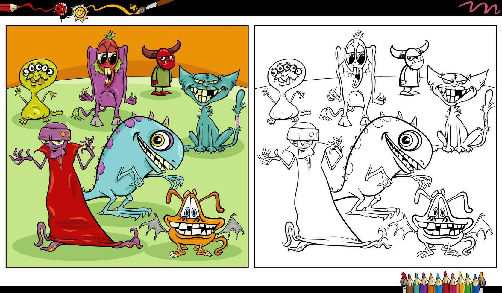 funny comic monsters or aliens characters group coloring page vector