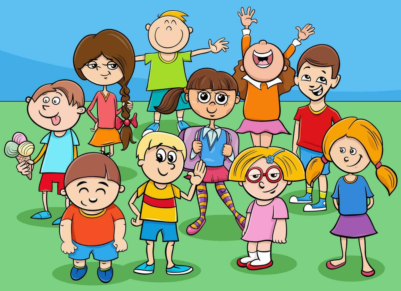 cartoon preschool and elementary age children characters group vector