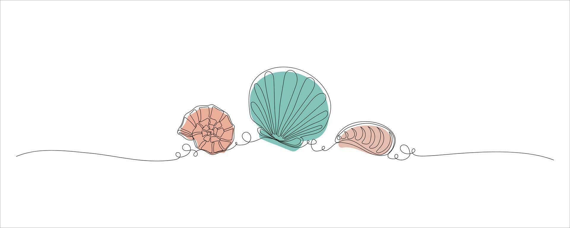 Continuous one line drawing of snail scallop and clum sea shell. Seashell symbol and banner for beauty, spa or wellness salon in simple  linear style. Doodle Vector illustration