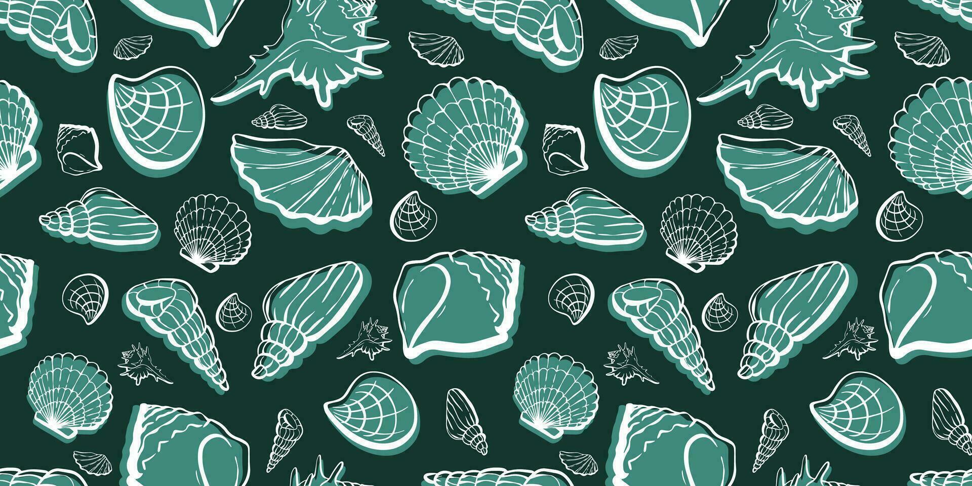 Seashell seamless pattern hand drawn art line underwater clums. Vector illustration in sketch vintage style. Great for card, package, wedding prints, decor.