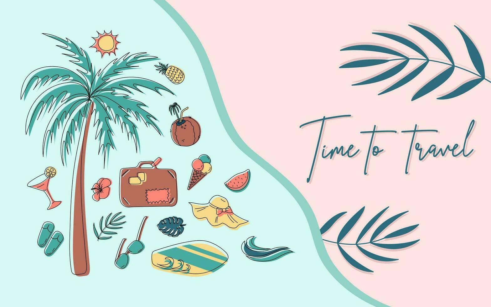 Holiday summer letters with side border. Card with cartoon outline and flat background objects. Palmtree, leaves, sun glasses, coconut, ananas, hat, surf board, sun, ice cream, slippers. vector