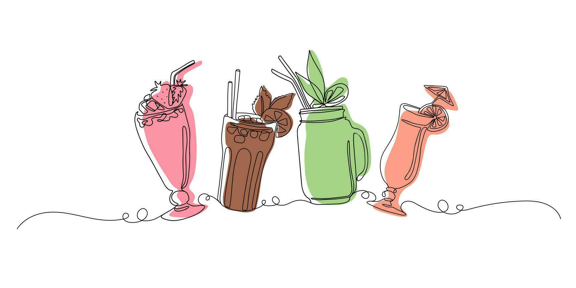 Cocktails set with one continuous line art style. Vector linear abstract illustration. Party, pub, restoraunt, club element for prints, textile, posters, cards.  Fresh and cold alcohol coctail.