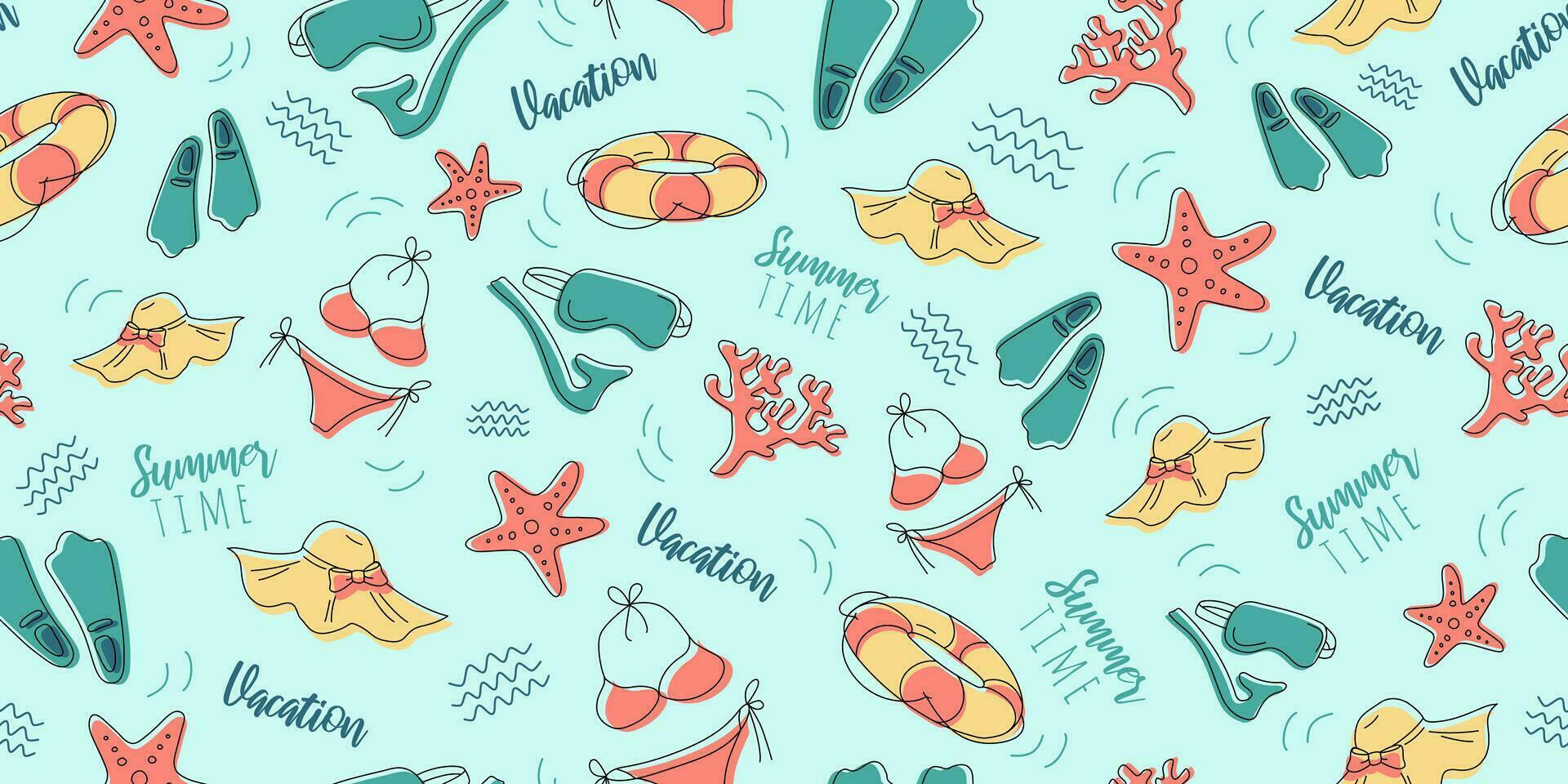 Tropical holiday vector seamless pattern with summer elements. Can be used for decoration of albums, blog, web sites, postcard, poster. Elements - leaves, tropical, lifebelt, bikini, hat, diving