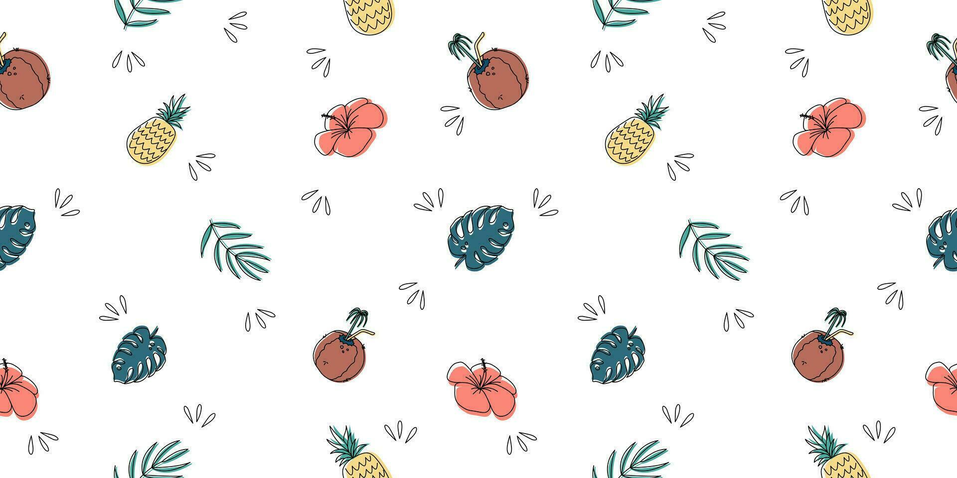 Tropical holiday vector seamless pattern with summer elements. Can be used for decoration of albums, blog, web sites, postcard, poster. Elements - leaves, tropical, hibiscus, coconut, ananas