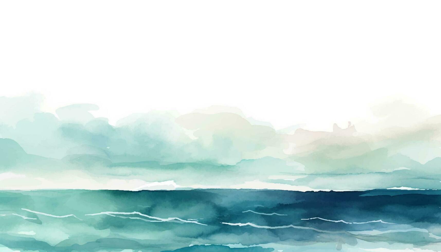 Abstract watercolor landscape with seascape and cool waves. Hand drawn illustration for your design and background with teal green and deep blue colors. vector