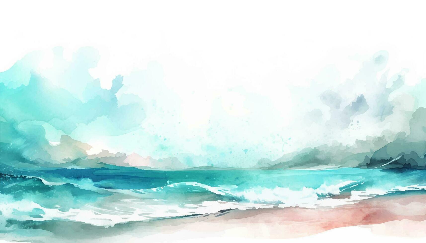 Abstract watercolor landscape with seascape and cool waves. Hand drawn illustration for your design and background with teal green and deep colors. vector