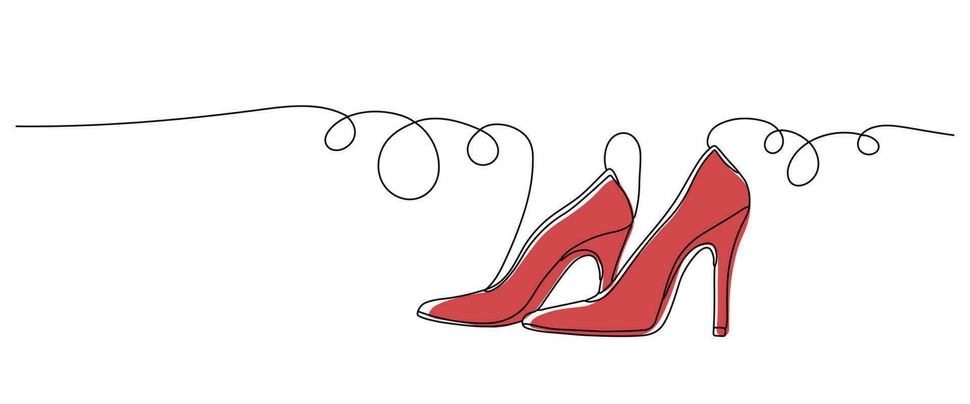 Continuous draw one line women shoes icon. Lady pumps shoes outline. Fashion shoe design. Elegant women's high heels with colored flat background. Vector illustration with single line drawing