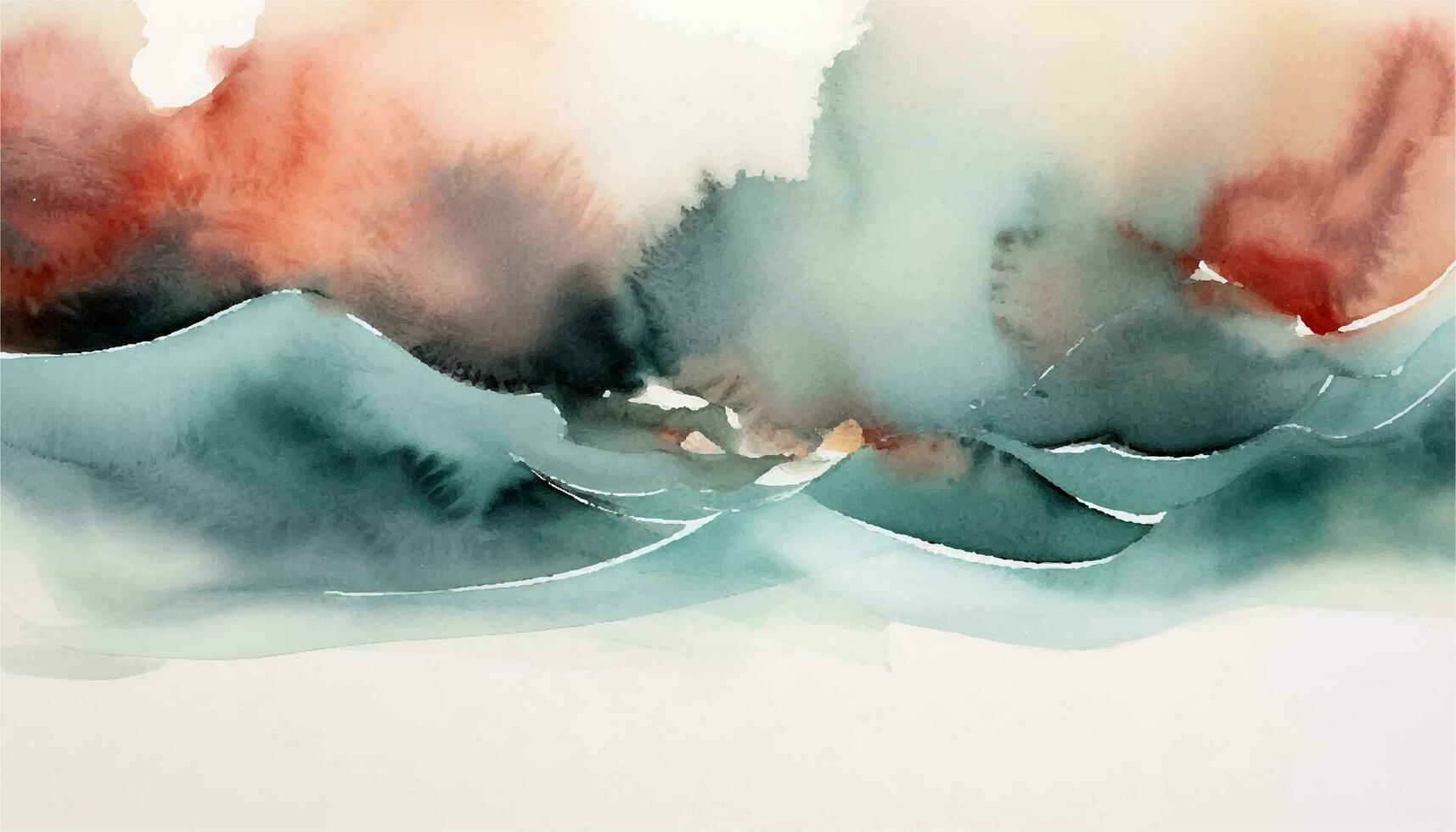 Abstract watercolor landscape with mountains or seascape with waves. Hand drawn illustration for your design and background with teal green and rose peach colors. vector