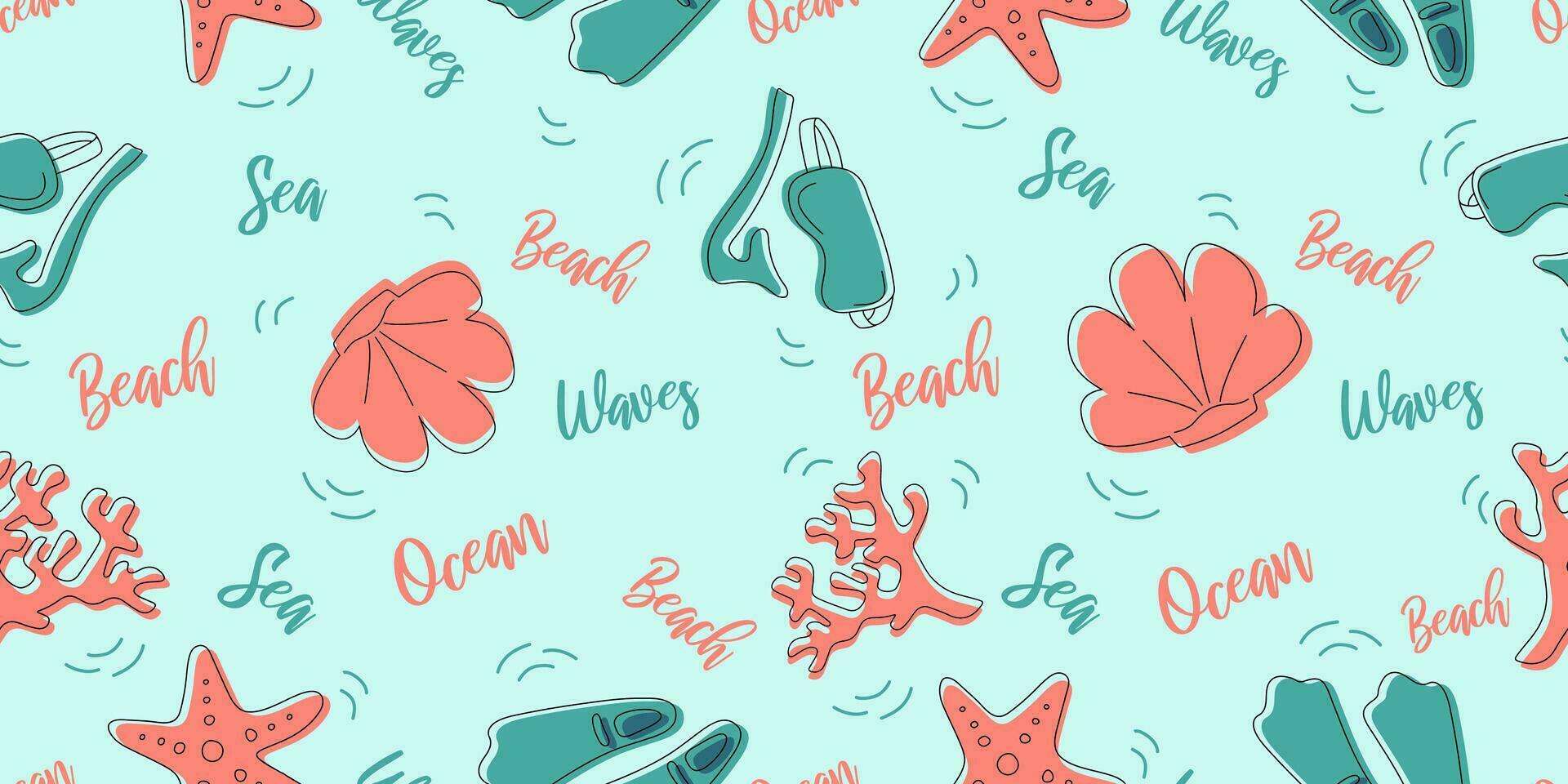 Tropical underwater vector seamless pattern with summer elements. Can be used for decoration of albums, blog, web sites, postcard, poster. Elements - letters, diving mask, coral, shell, swimming fins