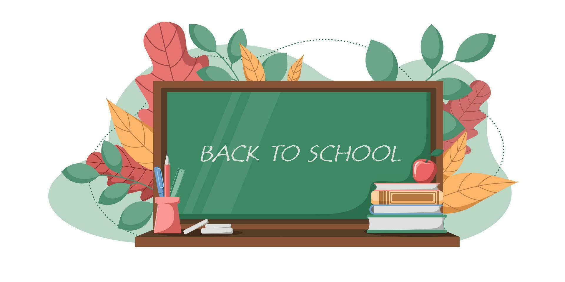 Back to school vector background. School board with education items, supplies and autumn leaves in the back. Educational vector illustration for school start, cards, banners, flyers, invitation