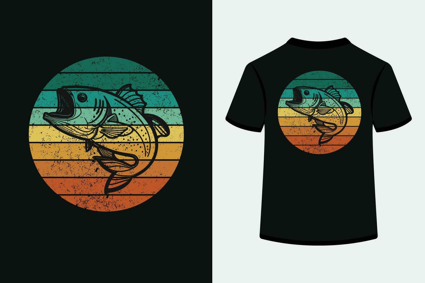 pescado retro a rayas puesta de sol Clásico estilo t camisa diseño vector