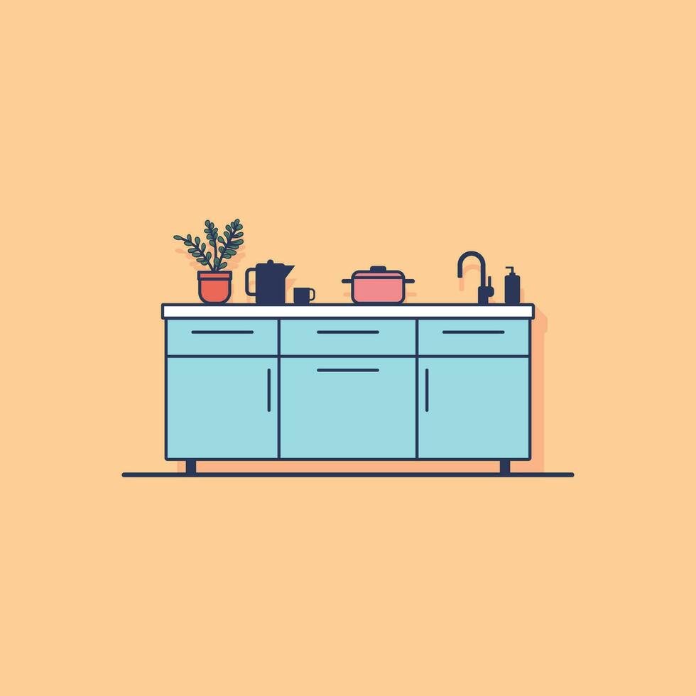 Flat illustration of modern kitchen interior with furniture, appliances and utensils vector