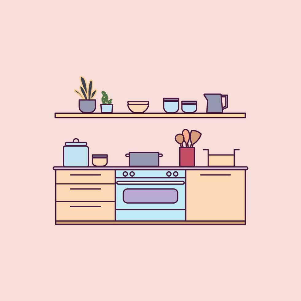 Flat illustration of modern kitchen interior with furniture, appliances and utensils vector