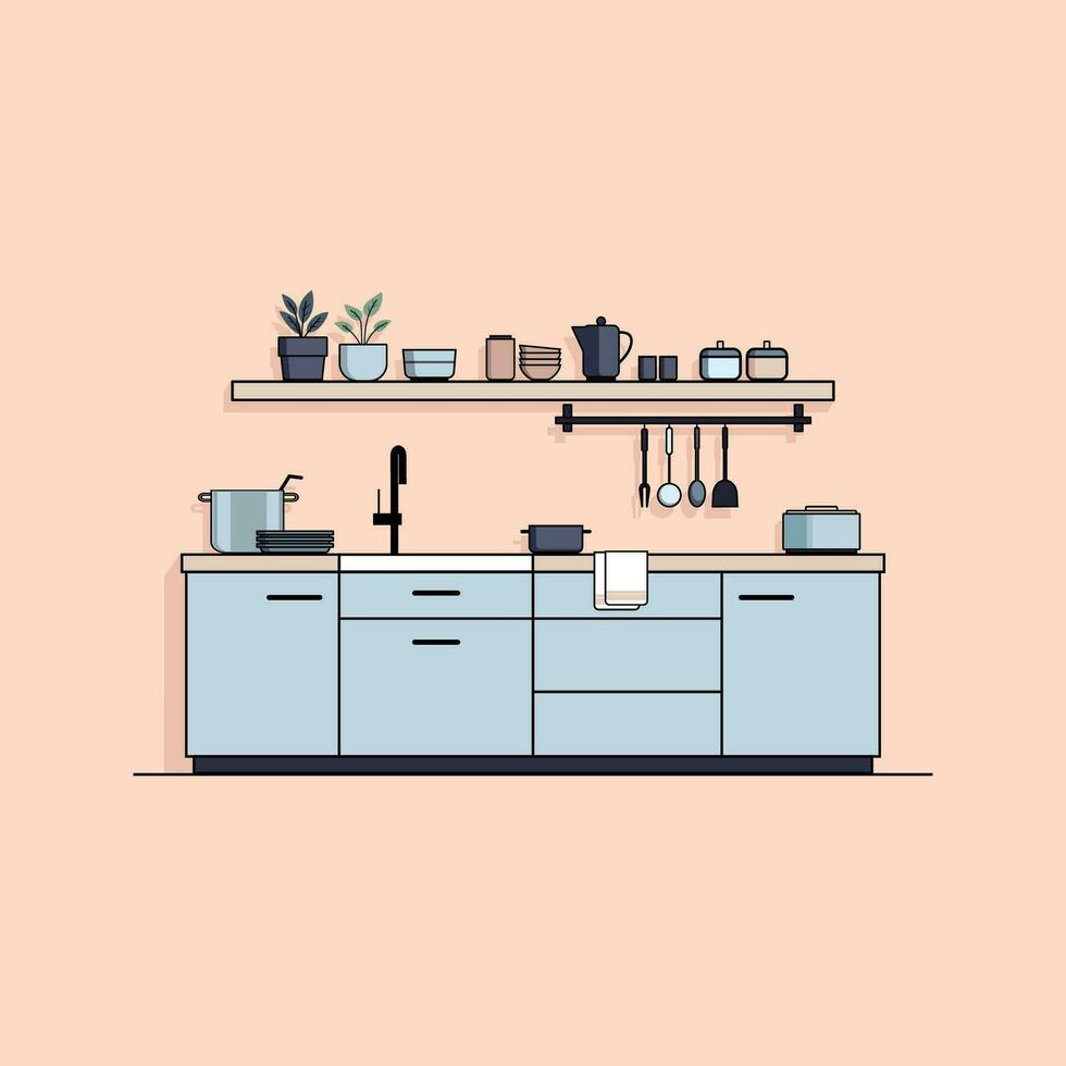 plano ilustración de moderno cocina interior con muebles, accesorios y utensilios, vector ilustración
