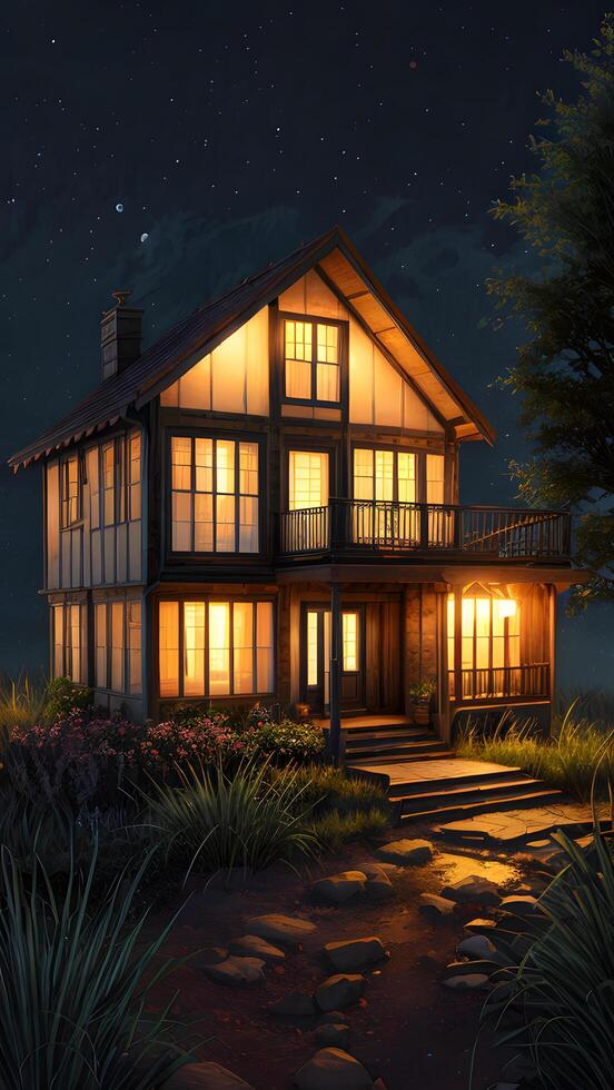 Stunning realistic house exterior at night environment created with technology photo