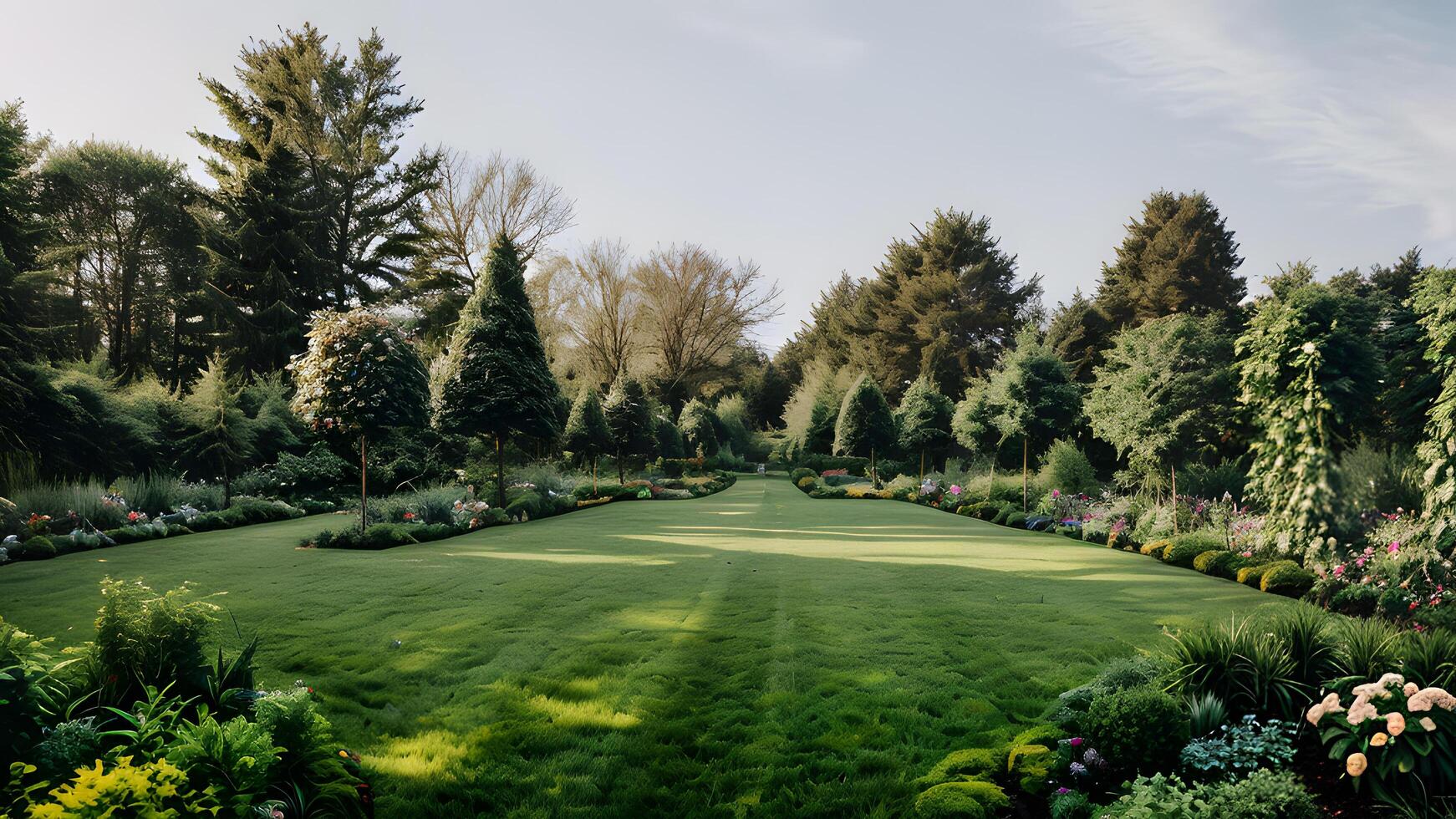 Heaven garden landscape with beautiful flowers, green trees and plants created with technology photo