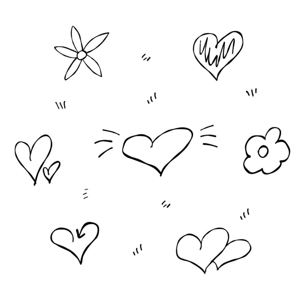 heart flowers love set doodle hand drawn vector