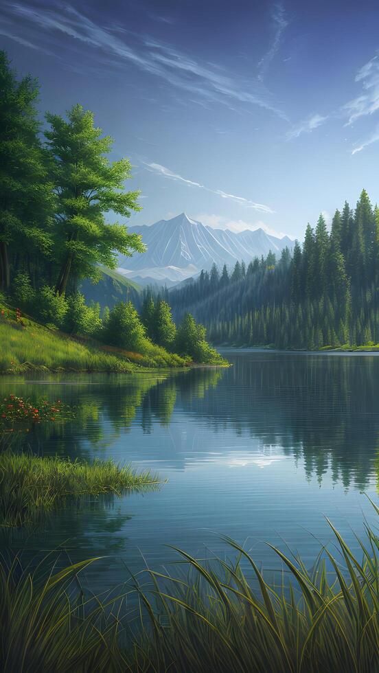 Scenic nature landscape reflection green trees foliage by mountain hills view created with generative ai technology photo