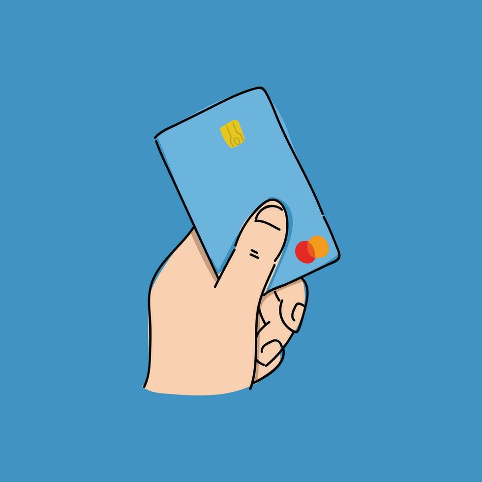 hand holding blue credit card hand drawing illustration vector design