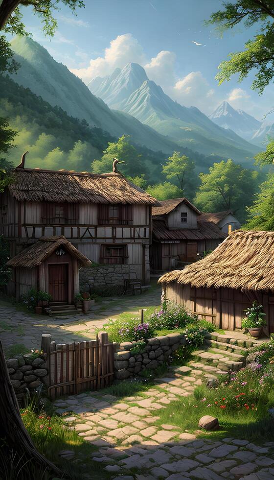Photorealistic 3d illustration of an village environment in a scenic nature forest on a sunny day created with technology. photo