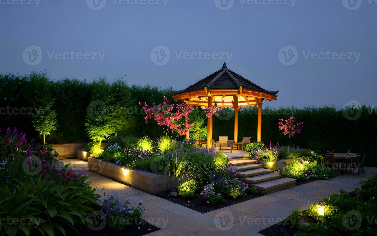 Luxurious resort garden park environment by shining warm light of lamps created with generative ai technology photo