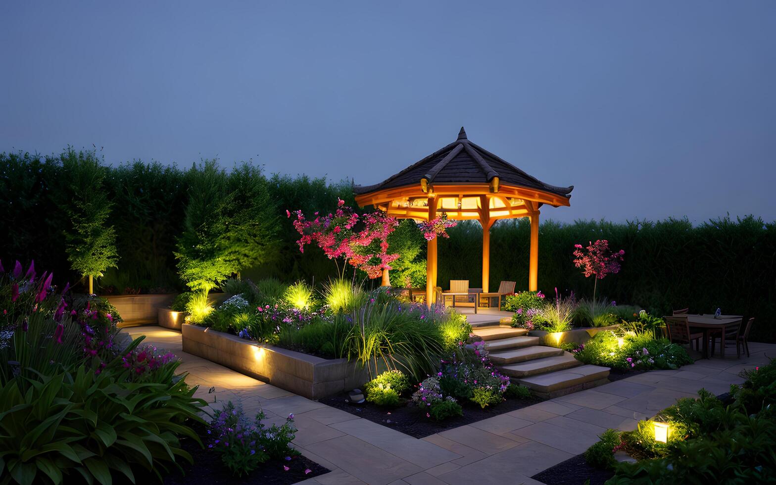 Luxurious resort garden park environment by shining warm light of lamps created with generative ai technology photo