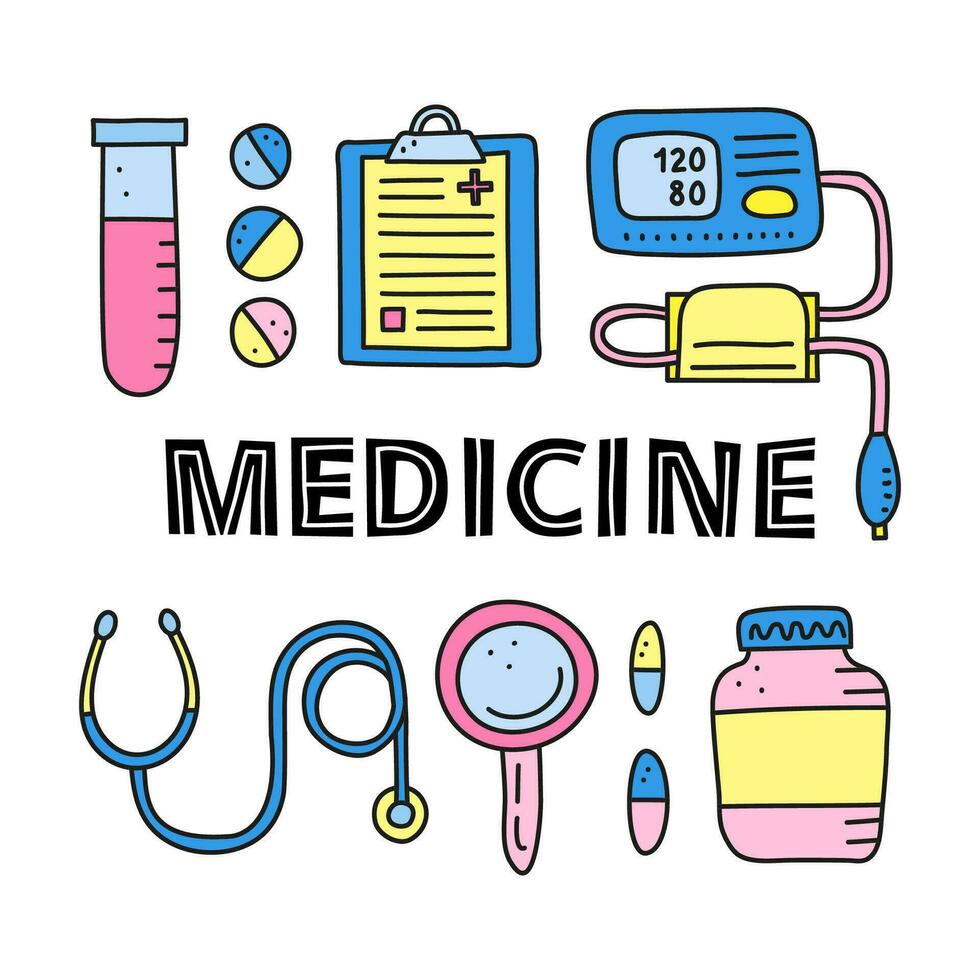 Poster with doodle colored medical items. vector