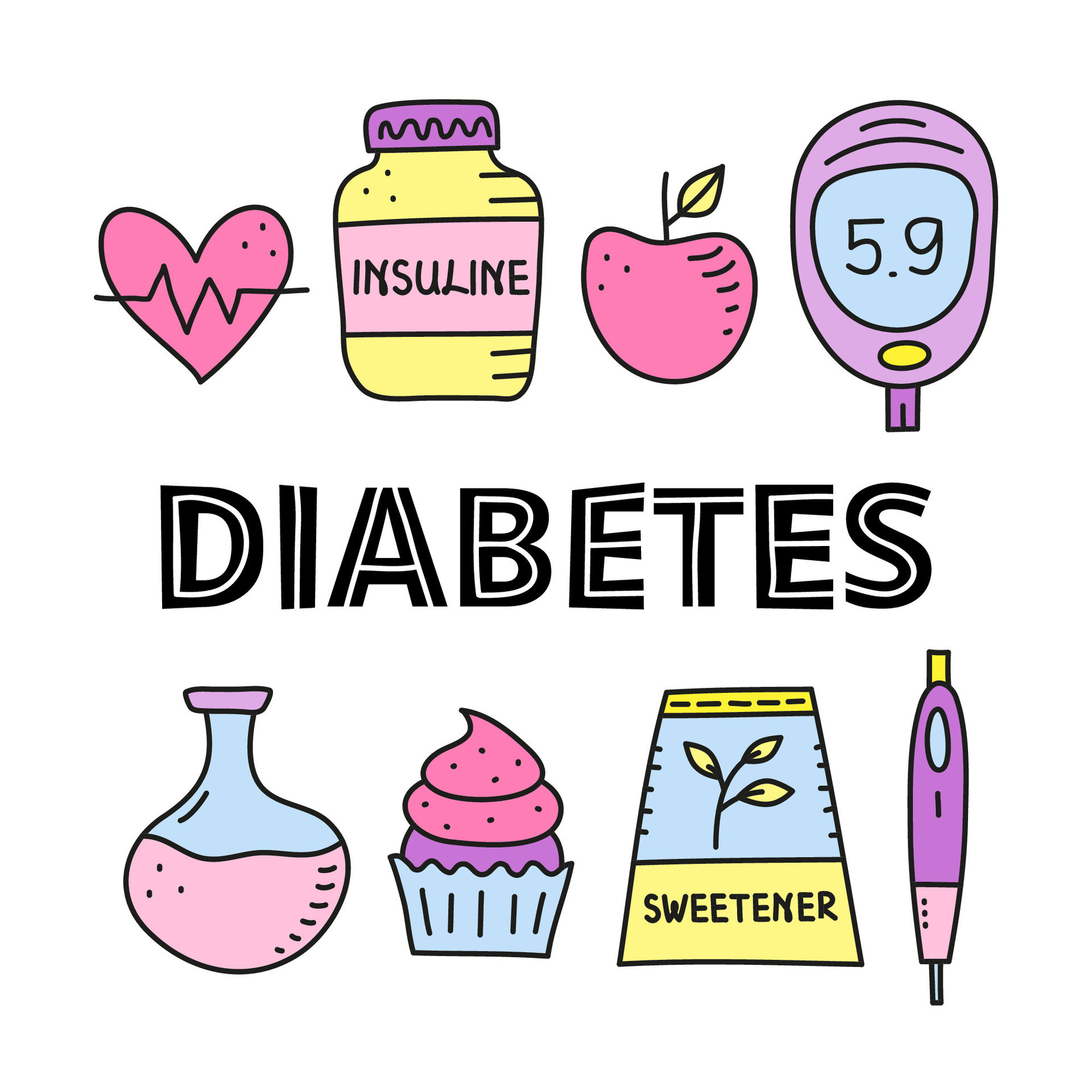 Poster with lettering and doodle colored diabetes items. 25385985