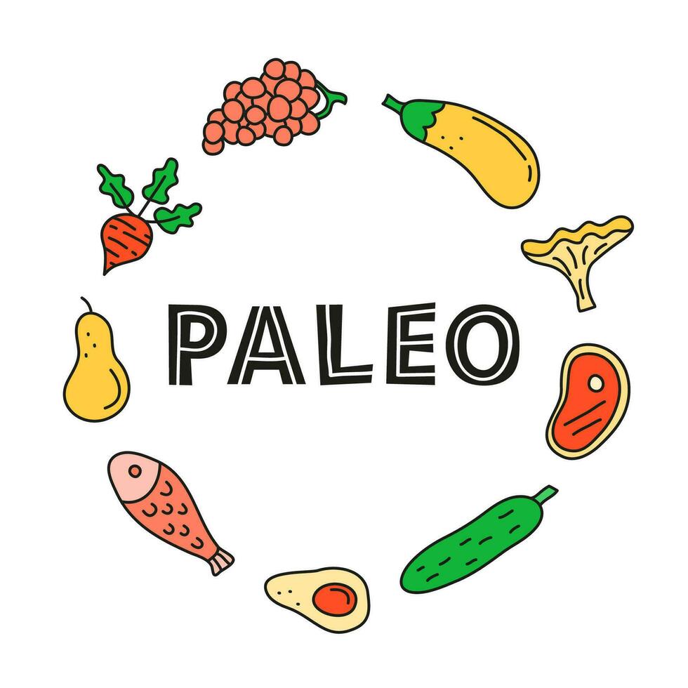 póster con letras paleo y garabatear de colores alimentos vector