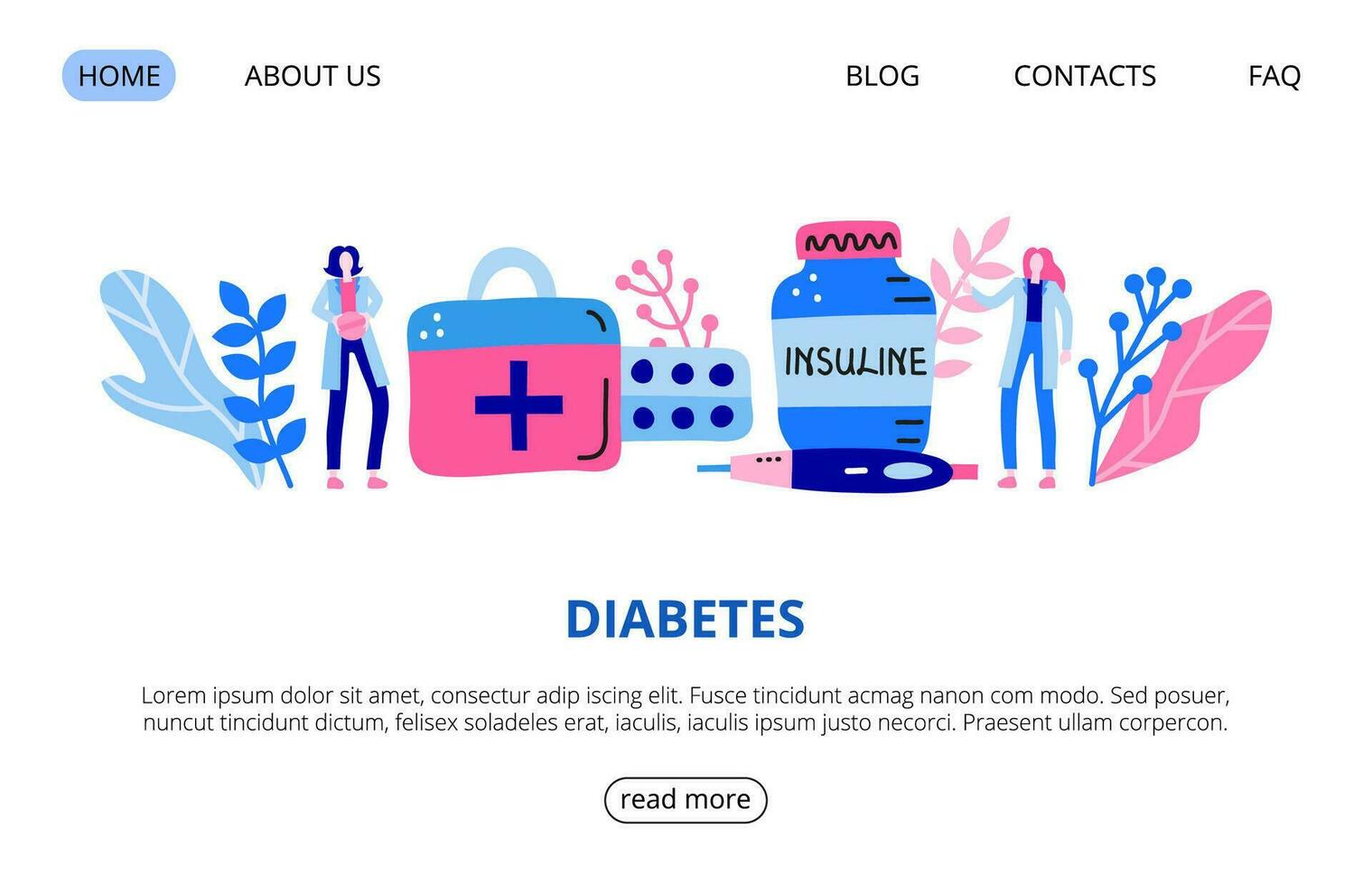 Web page template with big first aid kit, pills blister, insulin bottle, pen, leaves, small people. vector