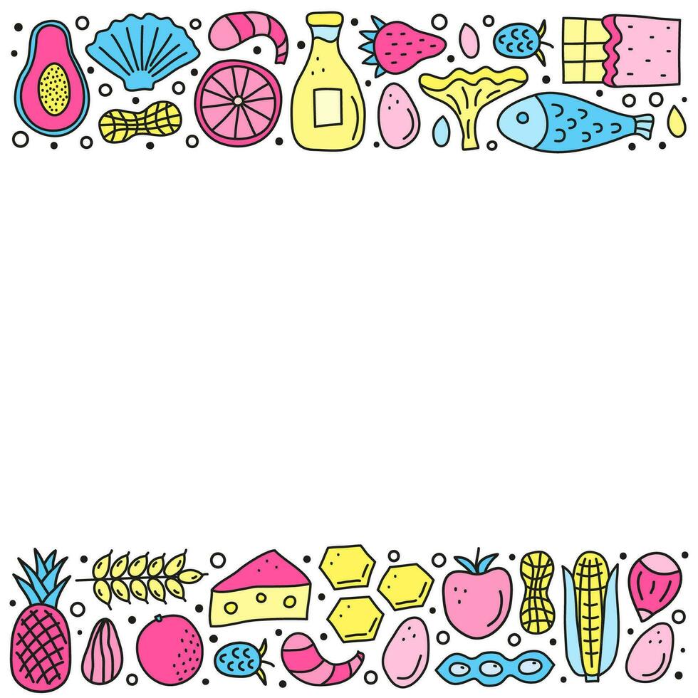 Poster with doodle food allergens and space for text. vector