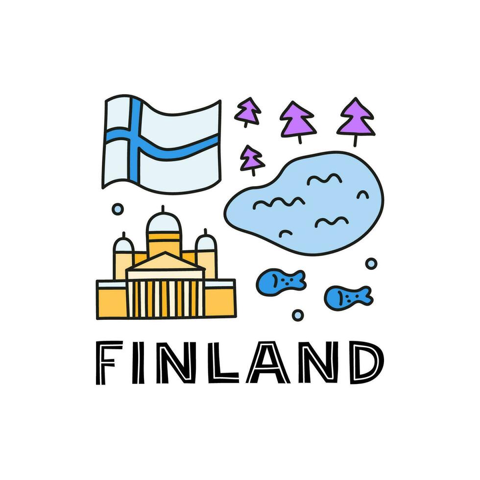 Group of doodle colored finland icons. vector