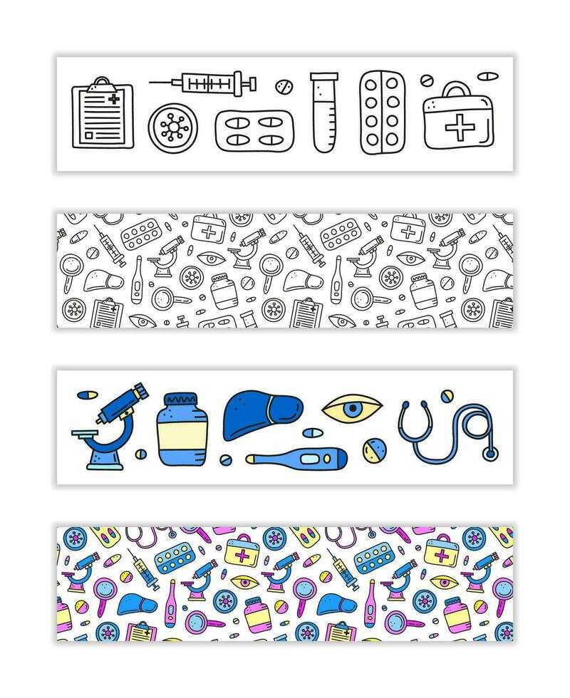 Banners with doodle hepatitis medical icons. vector